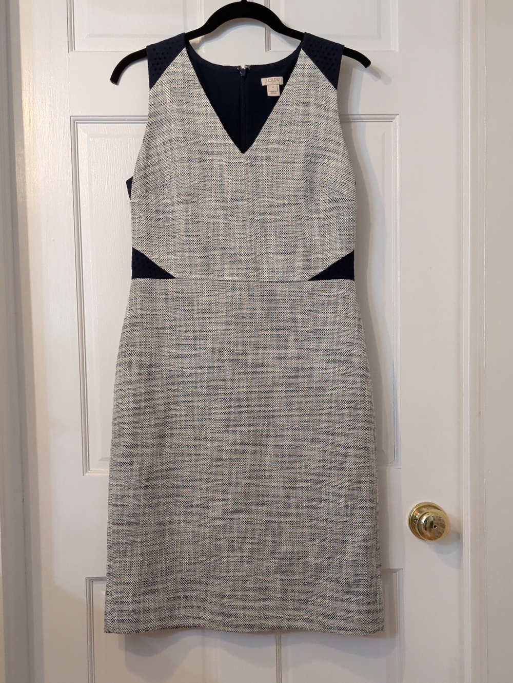 J. Crew Navy and Ivory Textured V-Neck Sheath Dress